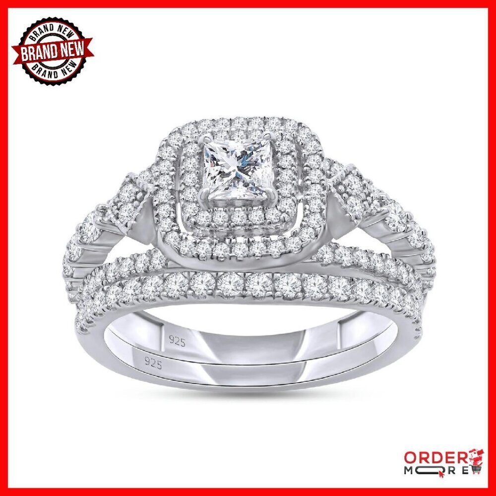 Lab Created Moissanite Bridal Ring Set 14k Gold Plated Size 6